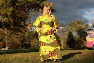 Psychedelic Mushroom And Butterfly Kaftan Maxi Dress 60s 70s Vintage