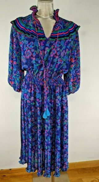 Vintage Diane Freis Georgette Ruffle Pleated Floral Dress Size Medium? Chest 36 "