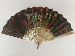19th C.  Victorian French Mother Of Pearl & Hand Painted Paper Brise Fan.
