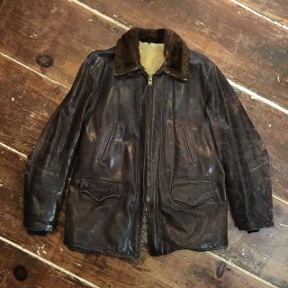 Vintage 50s Steerhide Leather Shearling Lined Mouton Collar Jacket Mens M/l