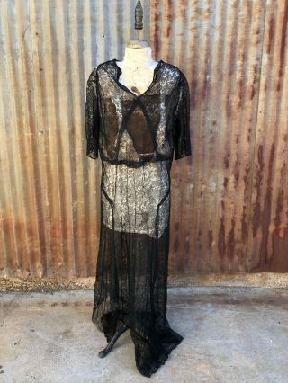Antique 1930s Black Silk Chantilly Floral Lace Maxi Dress Fans Sheer Vintage