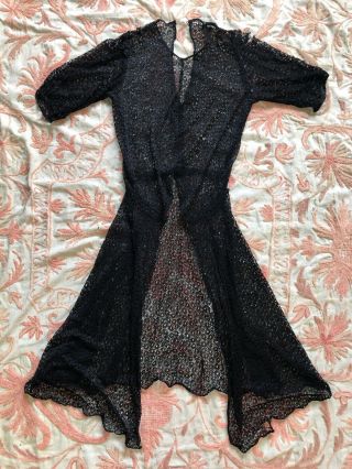 Antique 1930s Black Silk Daisy Lace Midi Dress Short Sleeves Cut Away Skirt Vtg
