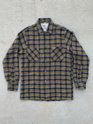 1950s Rare Artvogue Of California Yellow Plaid Shirt Wool Loop Collar Flannel M