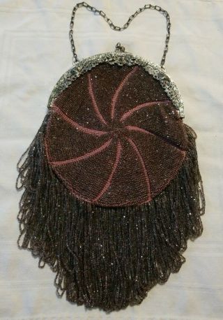 Antique Victorian Purple Beaded Purse Handbag Ornate Cherub Clasp