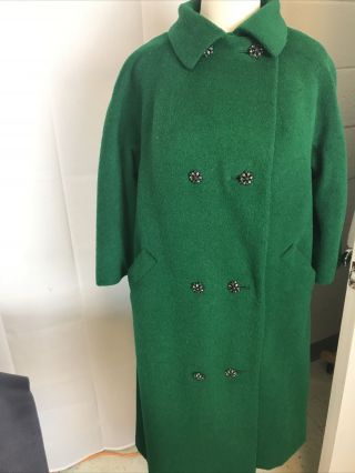 Vtg 1950s Emerald Green Wool Swing Coat Knee Length Rhinestone Buttons Usa Sz M