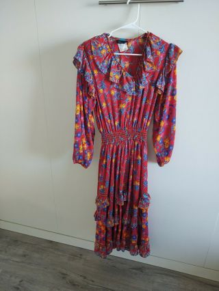 Womens Vintage Diane Freis Georgette Vibrant Colorful Dress