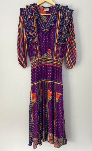 Diane Freis Fres Vintage Georgette Boho Dress Floral Print Ruffles Flare M/l