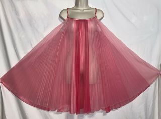 Vtg M L Pink Rainbow Chevette Full Pleated Sheer Chiffon Babydoll Nightgown