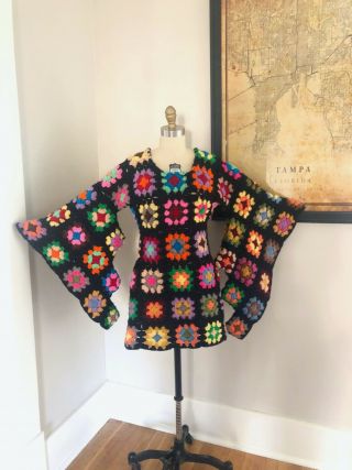 Vtg Rainbow Granny Square Boho Crochet Bell Sleeve Afghan Knit 70s Hippie Dress