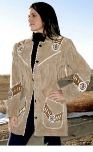 Womens Beige Suede Leather Jacket Native Fringes & Beads Western Wear