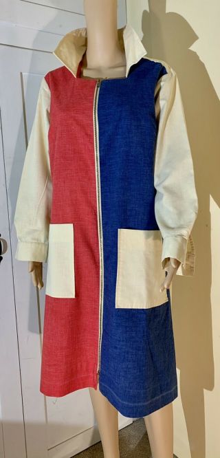 Vintage 60s Color Blocking Dress Red Blue Yellow Large Pockets Plus 44 Bust Vlv
