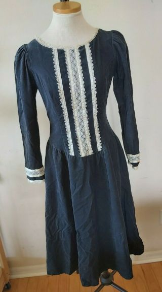 Vtg 70s Gunne Sax By Jessica Navy Dress Sz 11 Victorian Prairie Lace M Velvet