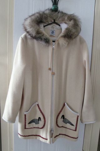 Vintage James Bay Inuit Eskimo Parka Coat Cream Fur Hood Wool Jacket Canada