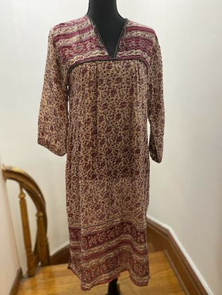 Vintage 70s Sheer Metallic India Cotton Gauze Boho Hippie Cottagecore Midi Dress