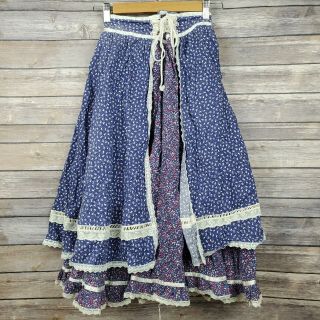 Vintage Gunne Sax Blue Floral Layered Lace Front Prairie Skirt Cottagecore Sz 7