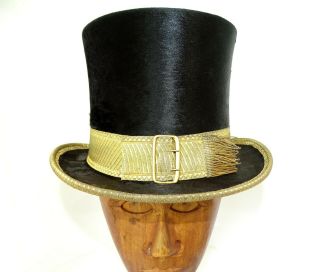 Antique Victorian Silk Top Hat With Gold Wire Buckle & Belt & Pink Half Case