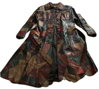 Vintage Full Length Leather Patchwork Jacket Sz 11 / 12 Tannery Belted Hippy