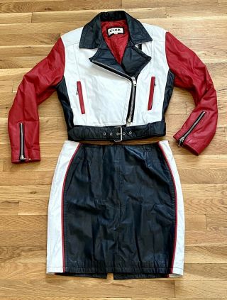 Vtg 80s Chia Leather 2 - Pc Ladies Suit Jacket Skirt Black White Red 14 L