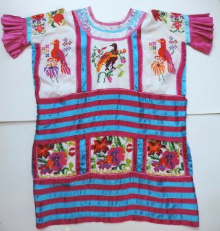 Vtg Tehuana Huipil Hand Embroidered Tunic Oaxaca Mexico Frida Kahlo Dress