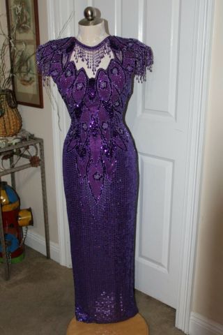 Sho Max Originals Vintage 80s Purple Sequin 100 Silk Prom Dress Size Small