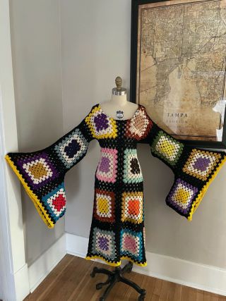 Vtg Boho Rainbow Granny Square Crochet Bell Sleeve Afghan Knit 70s Hippy Dress