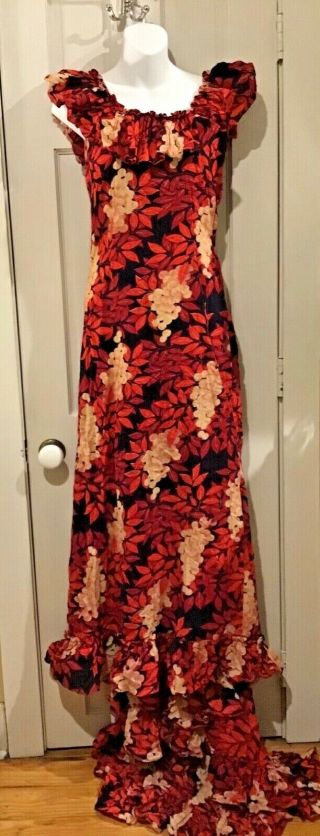 Vtg 1930s 40s Red Leaf Berry Cotton Print Sleeveless Ruffles Dress Gown Train S