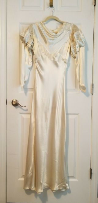1930s Satin & Lace Wedding Gown,  Gloves,  Size S
