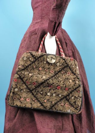Civil War Era Floral Carpet Bag W Multicolored Cotton Cord Handle