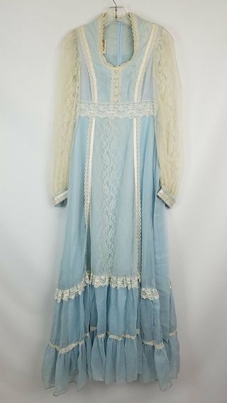 Gunne Sax By Jessica Vintage Blue White Lace Prairie Dress Sz 7