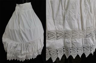 Victorian 1860s White Cotton Crochet Lace Trim Layered Hem Full Petticoat Skirt