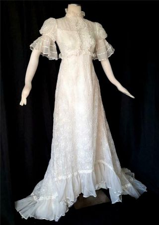 Vintage Boho Meets Jane Austen Lace Embroidered Chiffon Dress Wedding Gown