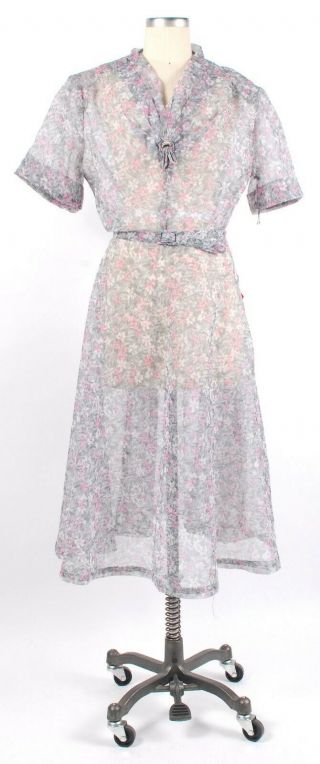 Vintage 50s Sheer Nylon Pink & Gray Floral Print Dress W/original Tags Xxl 2xl