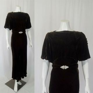Vintage 1930s Brown Velvet Bias Cut Evening Dress Rhinestone Buckle Size S