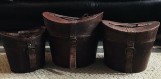 Vintage Brown Leather Hat Box Luggage Carrying Case Photo Boxe Tote Set Of 3