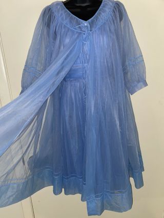Vintage Peignoir Set Robe Gown Double Nylon Shadow Line Light Blue Lingerie