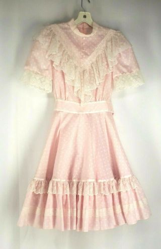 Handmade Vtg Pink Ruffled Circle Dress Lace Circle 1960 