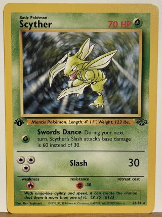 Scyther 26/64 1st Edition - Rare Non - Holo Jungle Set Pokemon Card - Nm