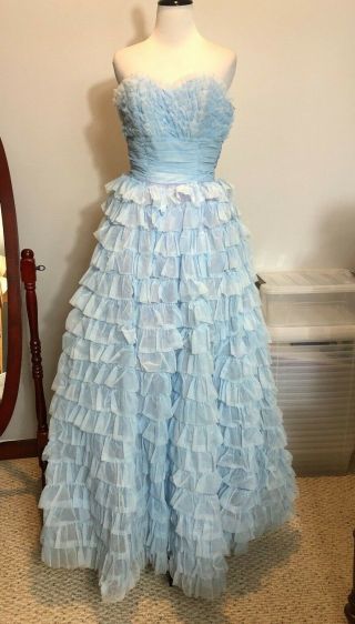 Vtg 50s 60s Blue Lace Tulle Strapless Dress Prom Party Wedding Size 11 Small ❤️