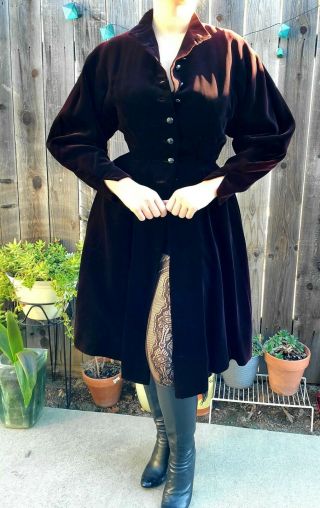 Vtg 1940s Silk Velvet Princess Swing Opera Dress Coat Full Skirt Black Burgundy