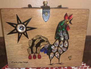 Enid Collins Box Bag Wood Purse Cock “o” The Walk Signed 1961