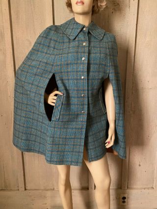 Vintage Pendleton Wool Cape Turquoise Blue Tan Plaid 14 Cond