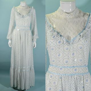 Vintage Cottagecore Gunne Sax Style Prairie Maxi Dress,  Blue White Floral Print