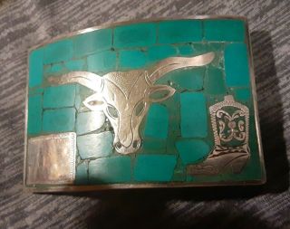 Stunning Handmade Sterling Silver Belt Buckle Real Turquoise Rms Mexico 71 Grams