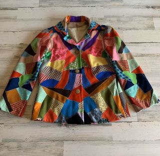 Vintage Women’s Patchwork Crazy Quilt Pattern Vibrant Colorful Jacket Medium M