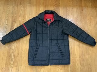 Vintage Winter Jacket Sears Quilted Mens Large Black With Red Racing Stripe Euc