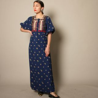 Vtg 70s Folk Afghan Tribal Kuchi Metal Embroidery Floral Boho Hippie Maxi Dress
