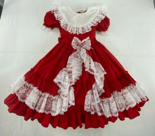 Vintage Dolls & Darlings Youth Girls Lace Dress Size 7 Red/white Frilly Ruffles