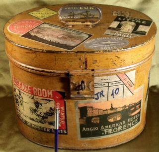 Antique C1890 Hat Box Tin Luggage Case With Hotel Travel Stickers