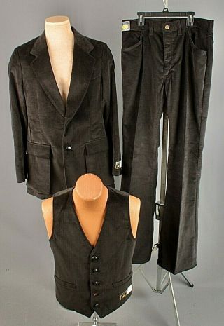 Vtg Mens Nos 1970s Lee 3pc Black Velvet Leisure Suit Jacket 40 L Pants 33x36 70s