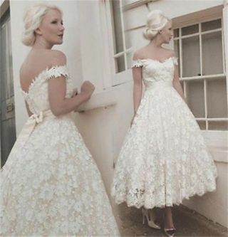 White/ivory Wedding Dress Bridal Gown Tea Length Short Lace Off Shoulder Custom
